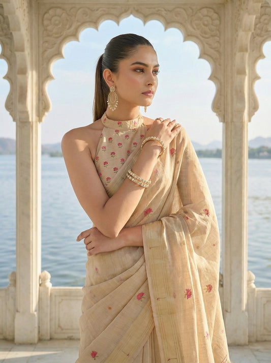 Woman in a beige saree with floral patterns standing in front of an archway with a scenic background. Off White Pichwai Jamdani Cotton Saree | Pichwai sarees