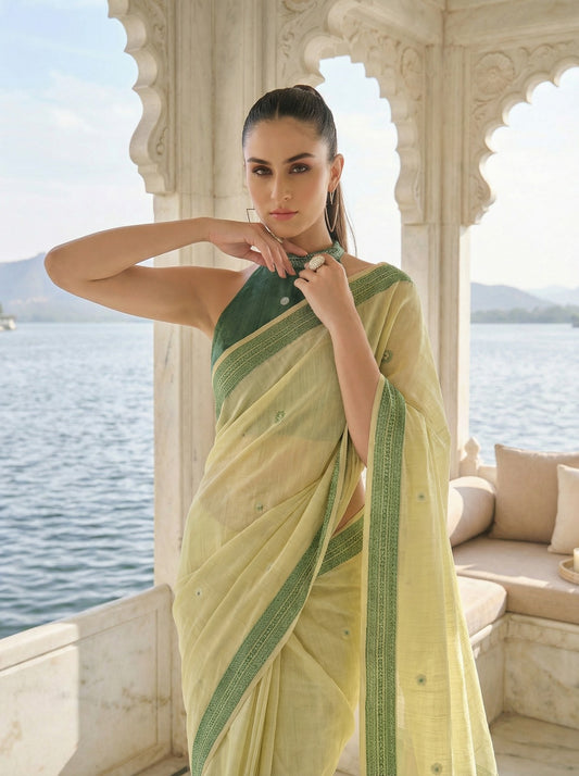 Lime Green Jamdani Cotton Woven Saree