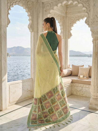 Lime Green Jamdani Cotton Woven Saree