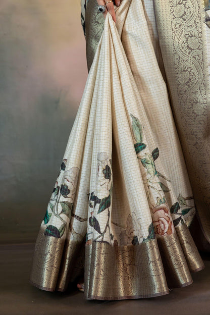 White Peacock Floral Jacquard Checks Saree - Yuvani