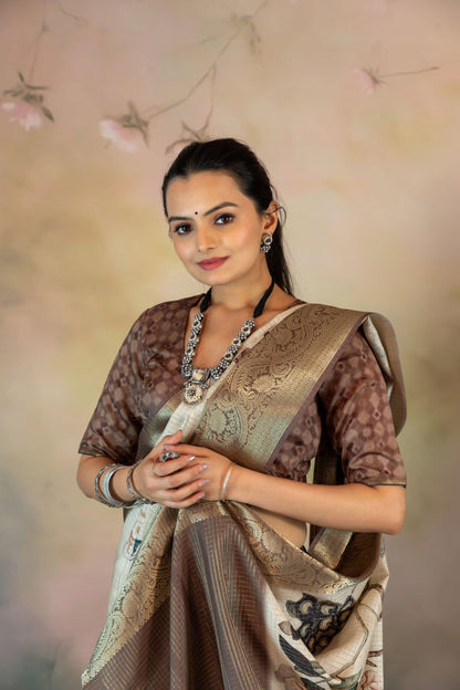 White Peacock Floral Jacquard Checks Saree - Yuvani