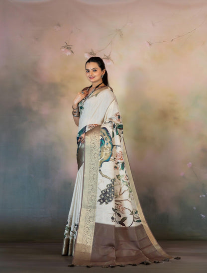 White Peacock Floral Jacquard Checks Saree - Yuvani