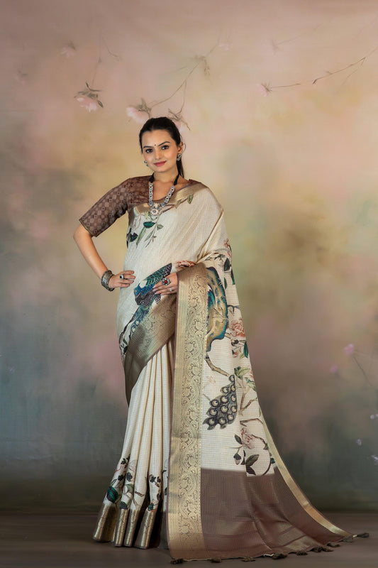 White Peacock Floral Jacquard Checks Saree - Yuvani