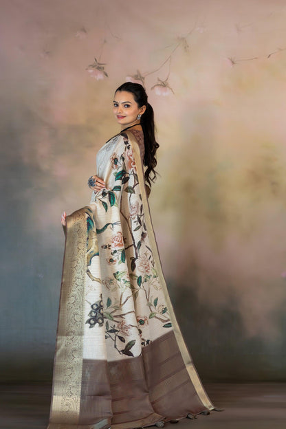 White Peacock Floral Jacquard Checks Saree - Yuvani