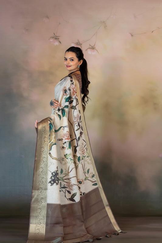 White Peacock Floral Jacquard Checks Saree - Yuvani