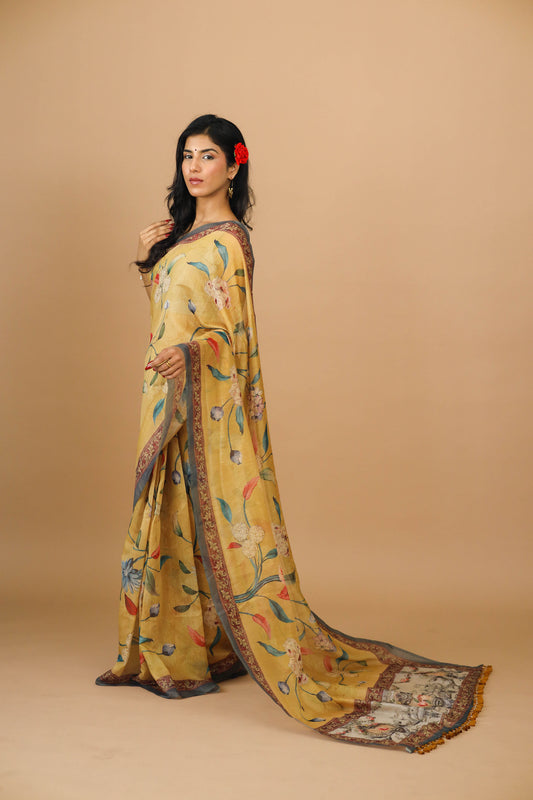 Yellow Floral Print Saree - Yuvani