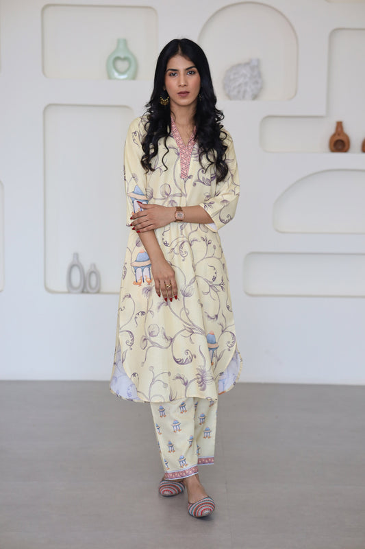 Yellow Pastel Printed Kurti Set - Yuvani