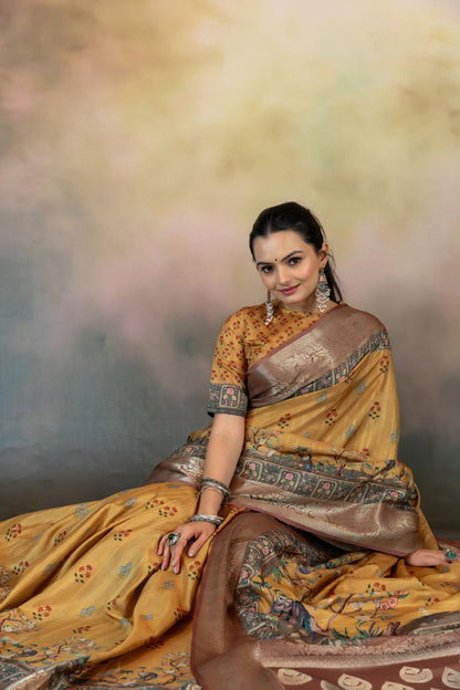 Yellow Peacock Print Jacquard Saree - Yuvani