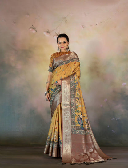 Yellow Peacock Print Jacquard Saree - Yuvani