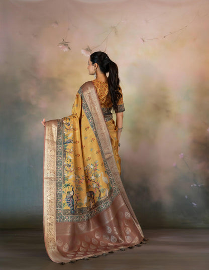 Yellow Peacock Print Jacquard Saree - Yuvani