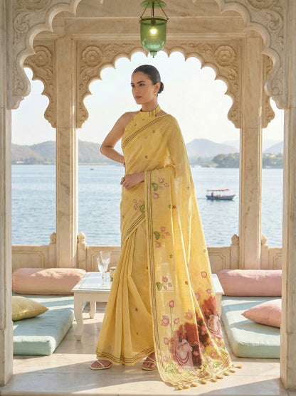 Woman in a yellow saree with floral patterns standing in front of an archway overlooking water. Yellow Pichwai Jamdani Cotton Saree for women
