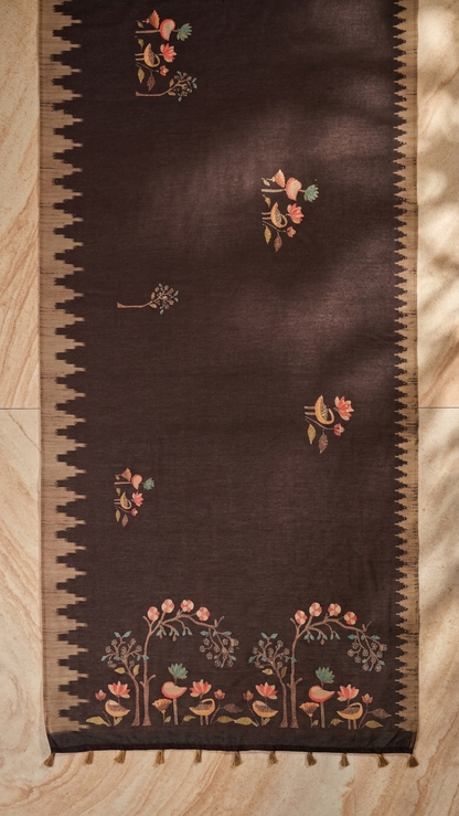 Brown Bird & Tree Print Handwork Chanderi Cotton Saree