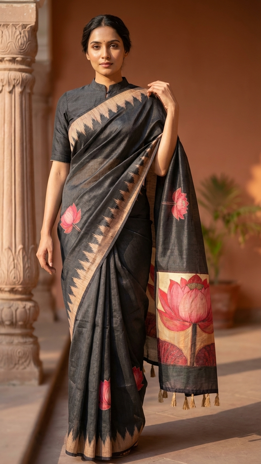 Black Lotus Print Handwork Chanderi Cotton Saree