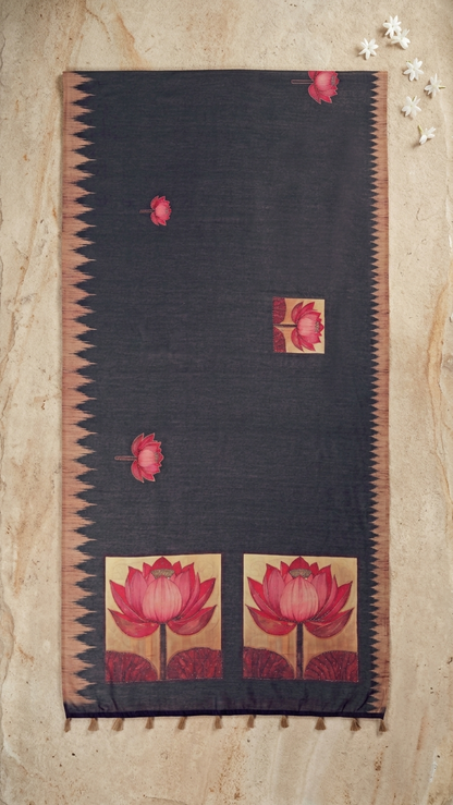 Black Lotus Print Handwork Chanderi Cotton Saree
