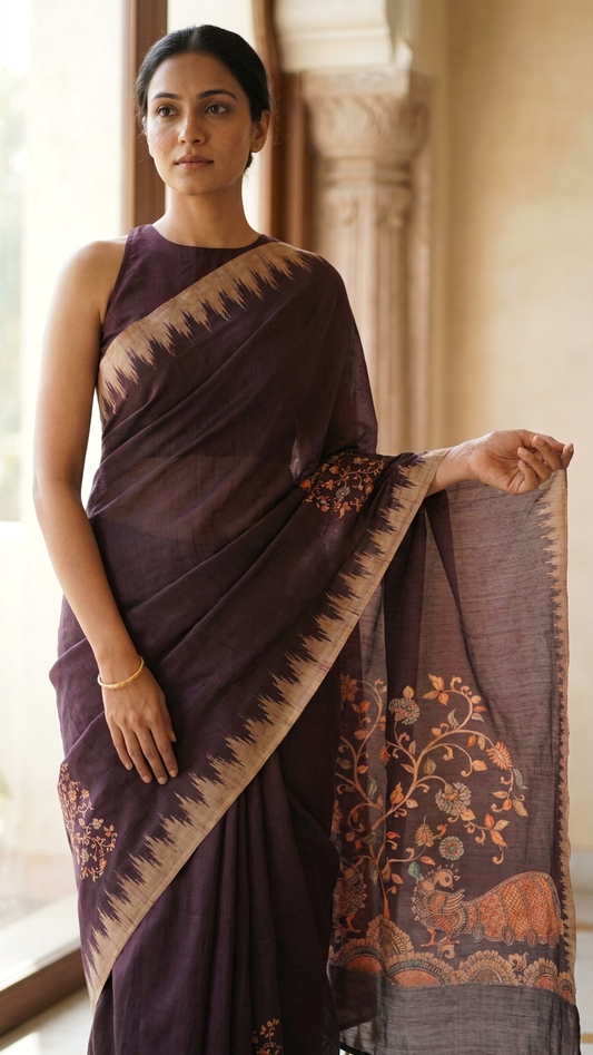 Brown Kalamkari Tree Print Handwork Chanderi Cotton Saree