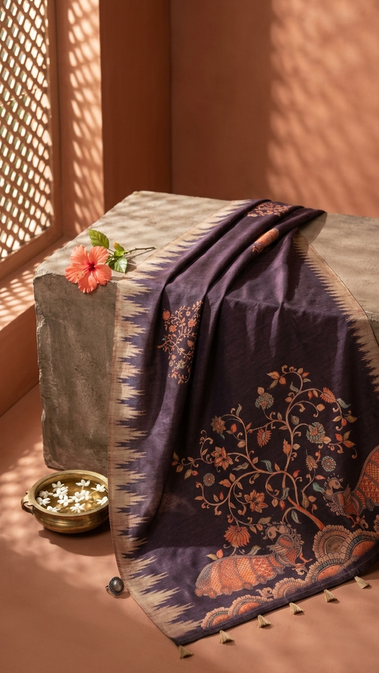 Brown Kalamkari Tree Print Handwork Chanderi Cotton Saree