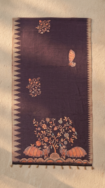 Brown Kalamkari Tree Print Handwork Chanderi Cotton Saree