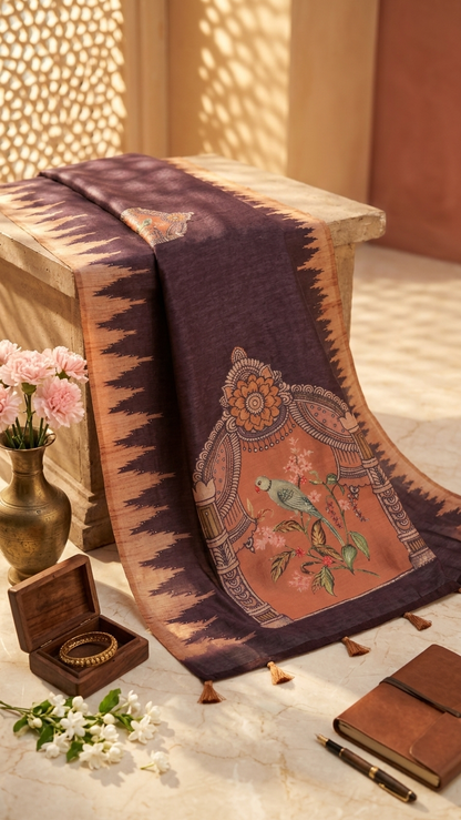 Brown Mughal Bird Print Handwork Chanderi Cotton Saree