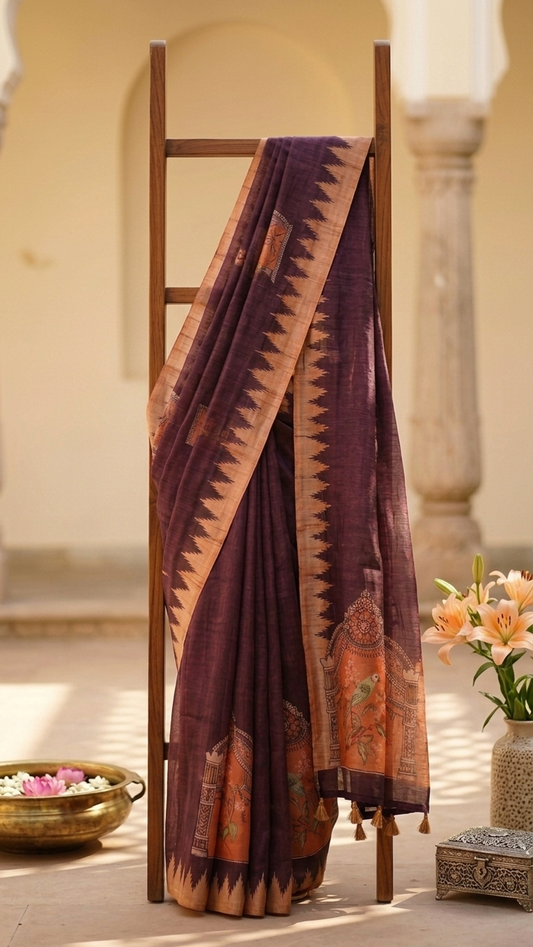 Brown Mughal Bird Print Handwork Chanderi Cotton Saree