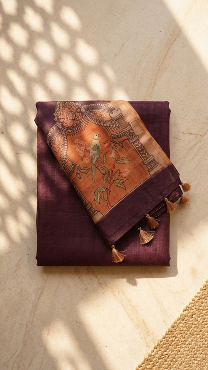 Brown Mughal Bird Print Handwork Chanderi Cotton Saree