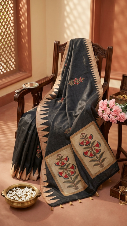 Black Mughal Floral Print Handwork Chanderi Cotton Saree