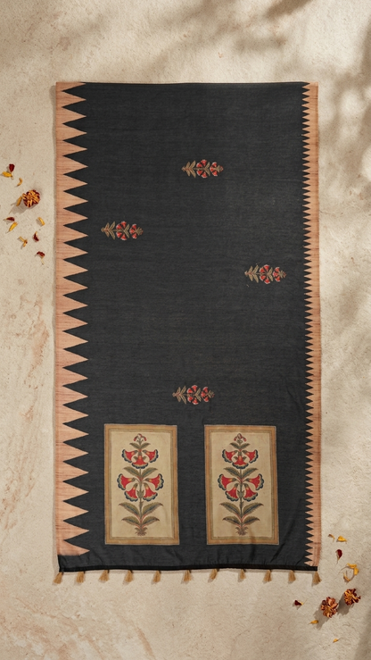 Black Mughal Floral Print Handwork Chanderi Cotton Saree